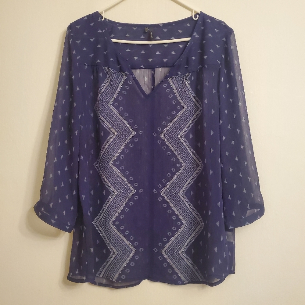 Maurices Womens Purple White Chevron Design Long Sleeve Sheer Polyester Blouse - Picture 1 of 7